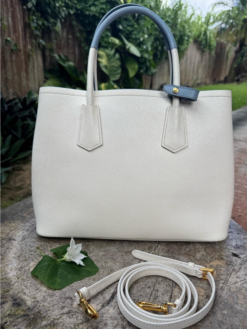 Prada Cream Saffiano Leather Tote with Blue Trim - Picture 2 of 14